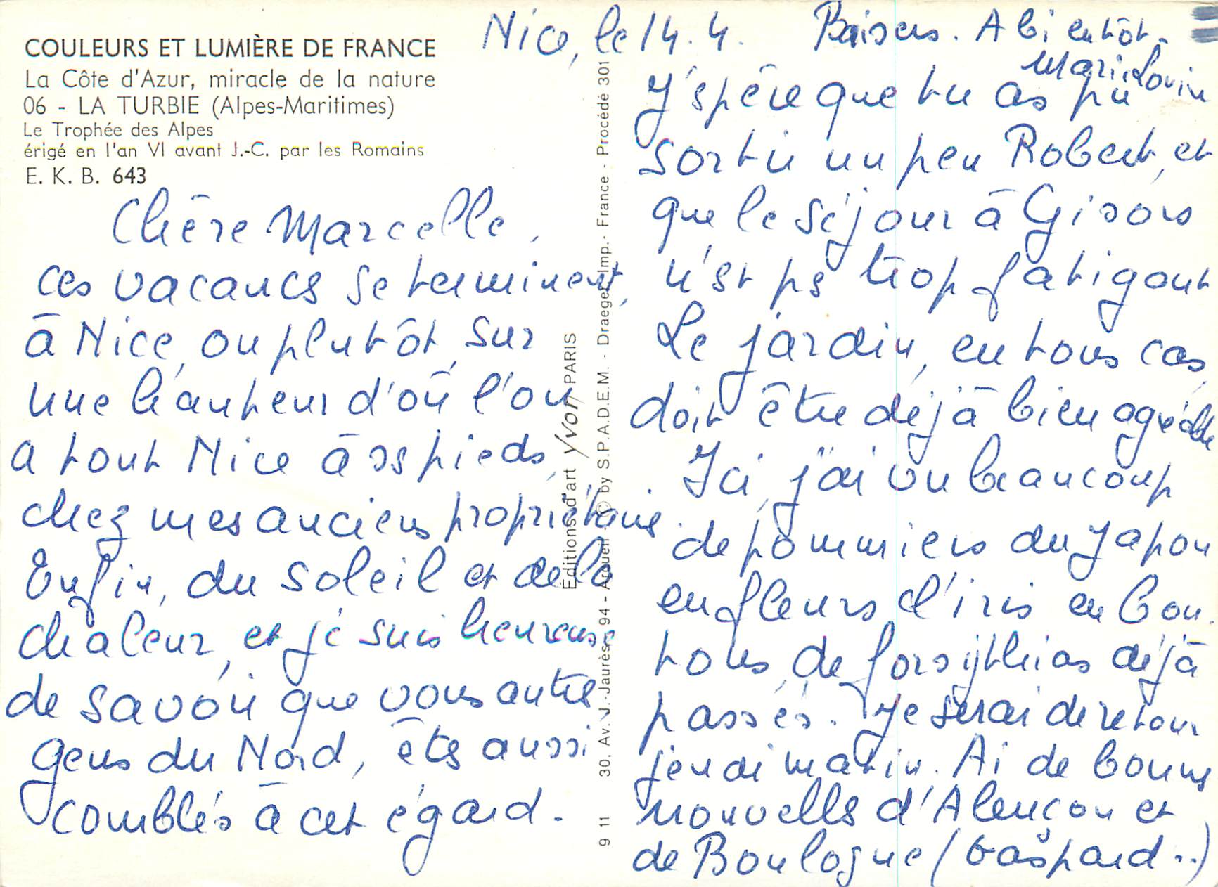 La Turbie — Le Trophée des Alpes — érigé en l'an VI avant J.-C. par les Romains — Éditions d'Art V. J. Jaures - Paris — Verso