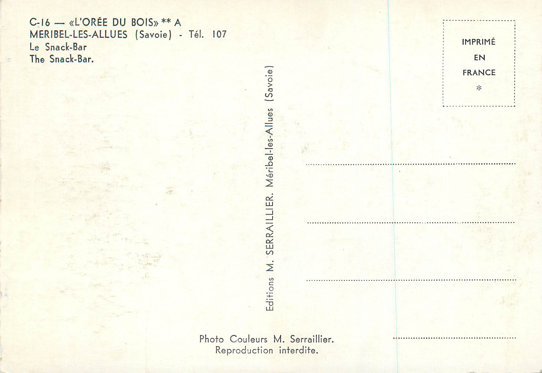 Am Rand des Waldes — Snack-Bar in Méribel-les-Allues (Savoie) — Éditions M. Serraillier, n° C-16 — Rückseite