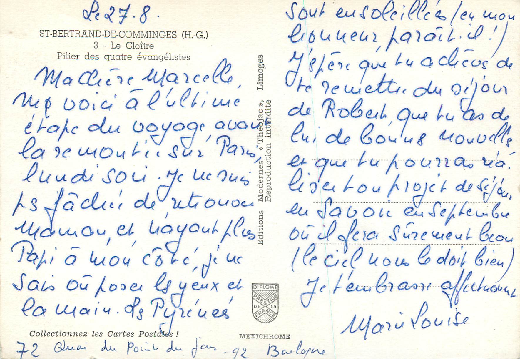 CPM St Bertrand de Comminges (H G) le Cloitre Pilier des Quatre Evangelistes — Verso