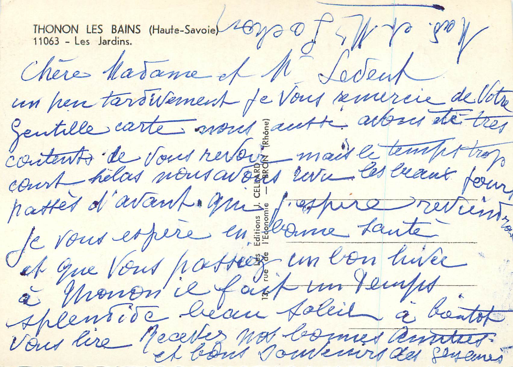 Thonon-les-Bains — Les Jardins — Éditions J. Célard (Rhône) — Rückseite
