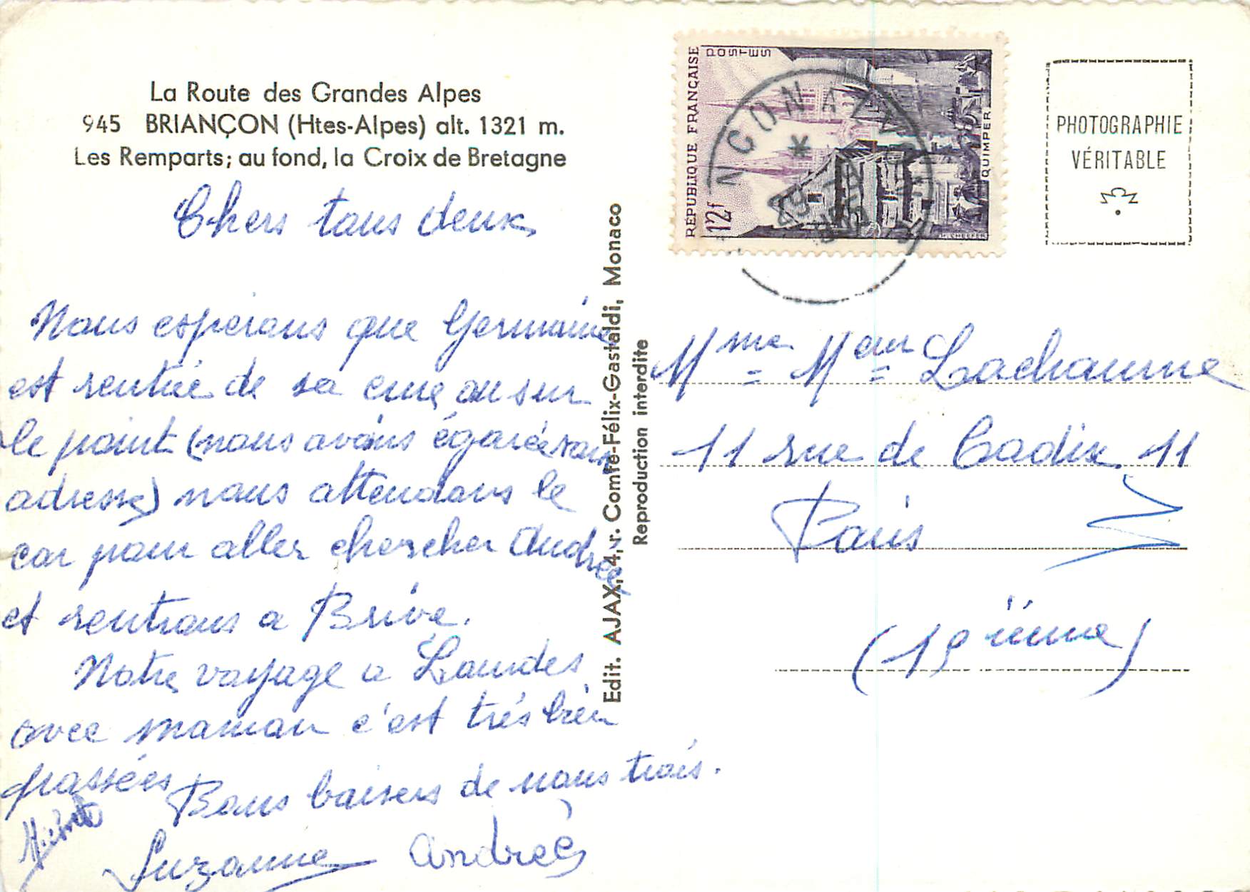 Briançon (Htes-Alpes) — Les Remparts et la Croix de Bretagne — Edit. AJAX, 4e. Comte-Félix-Gastaldi — Reverso