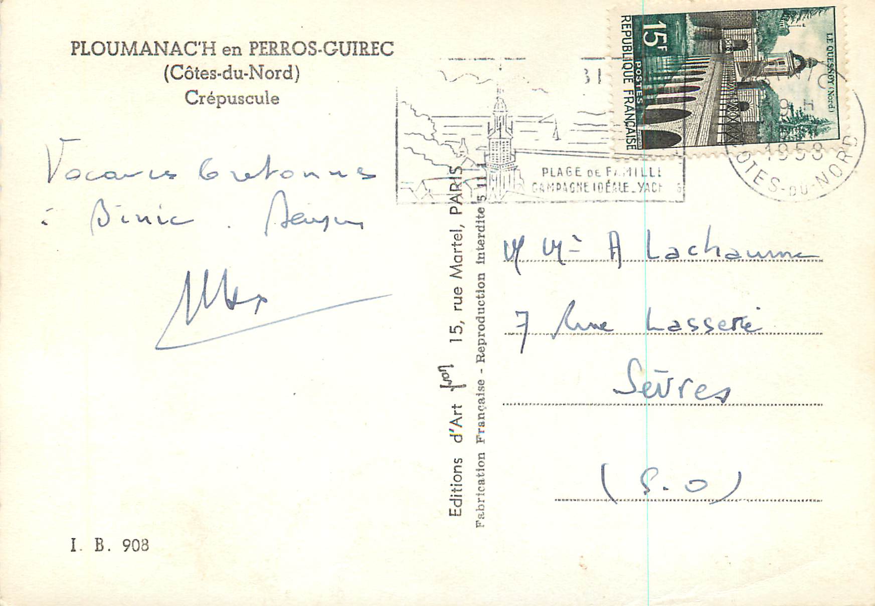 Ploumanac'h in Perros-Guirec (Côtes-du-Nord) — Sonnenuntergang — Éditions d'Art Française, I.B. 908 — Rückseite