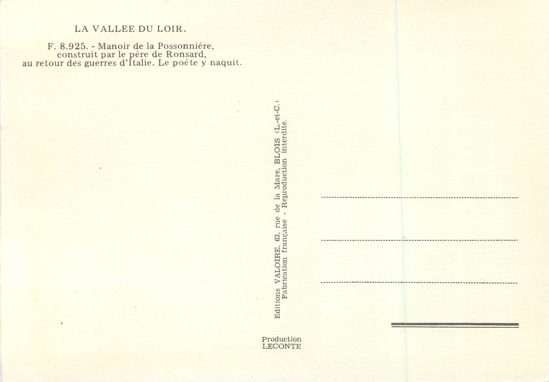 CPM la Vallee du Loir Manoir de la Possonniere — Rückseite