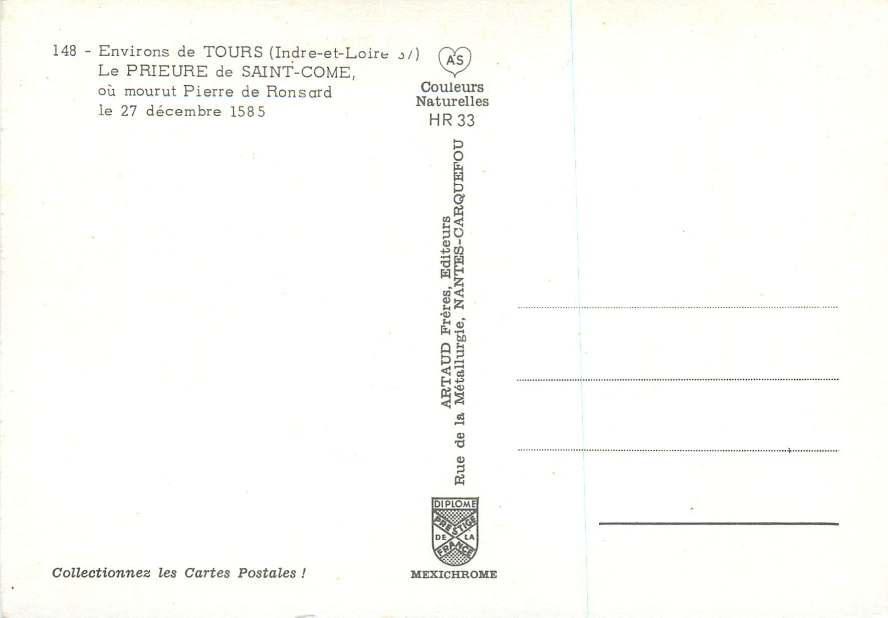 CPM Environs de Tours (Indre et Loire) le Prieure de Saint Come — Rückseite
