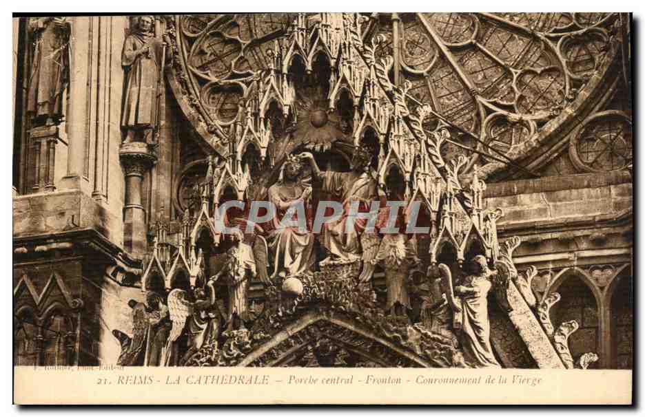 reims CPA La cathedrale Porche central Fronton Couronnement de la vierge