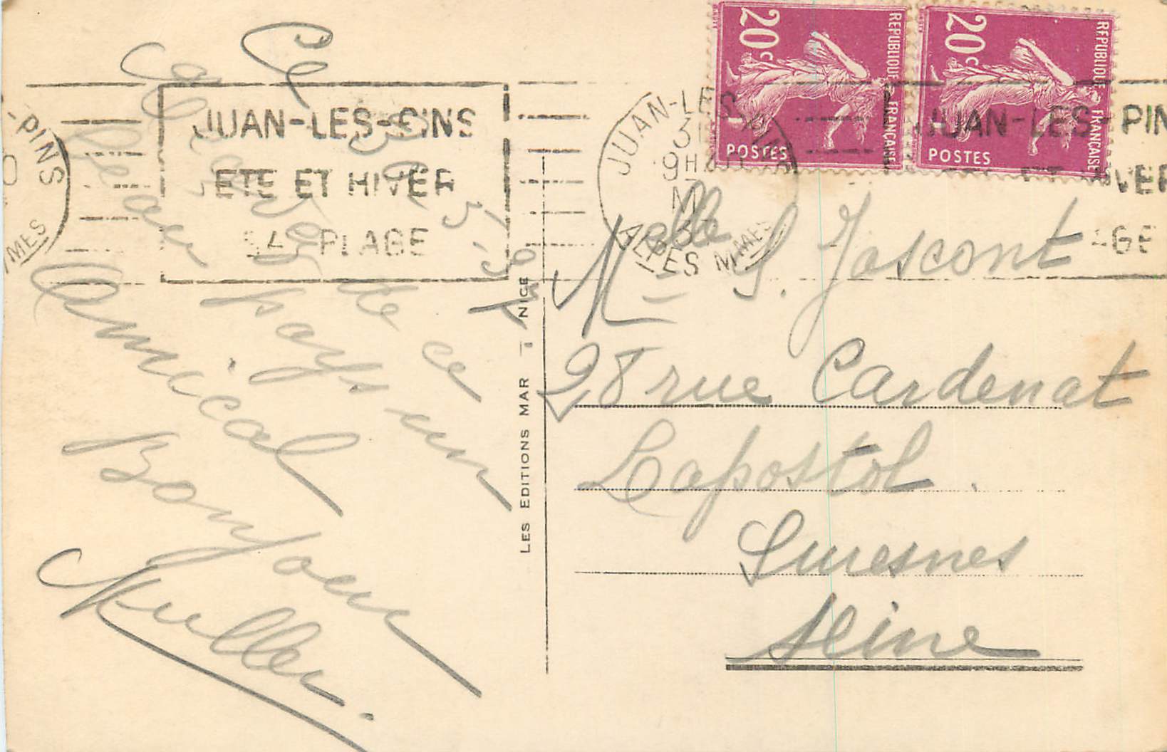 CPM Juan Les Pins La Pinede au Soleil Couchant — Rückseite