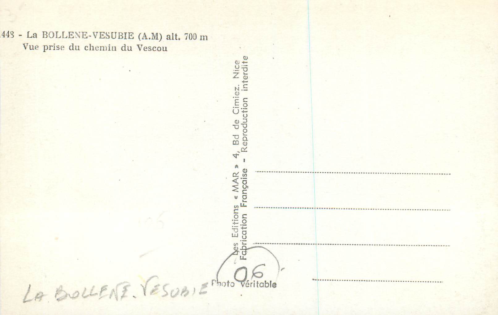 CPM La Bollene Vesubie (A M) alt 700 m Vue prise du Chemin de Vescou — Rückseite