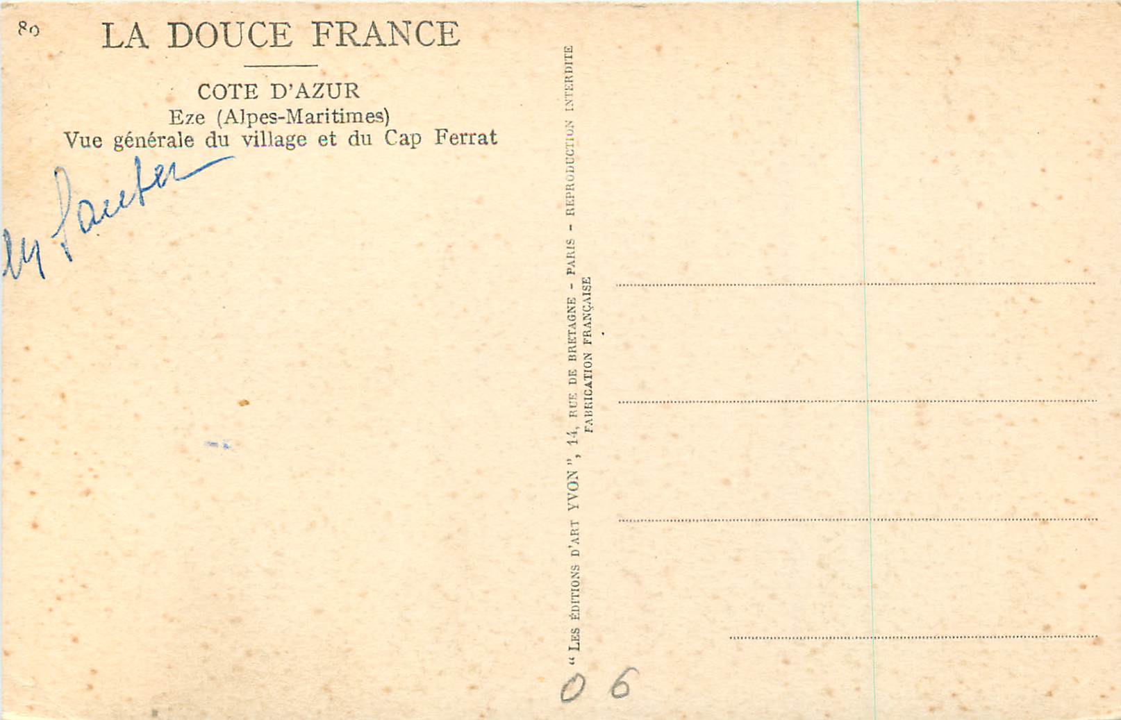 Eze (Alpes-Maritimes) — Vue générale du village et du Cap Ferrat — Éditions d'Art Yvon — Verso