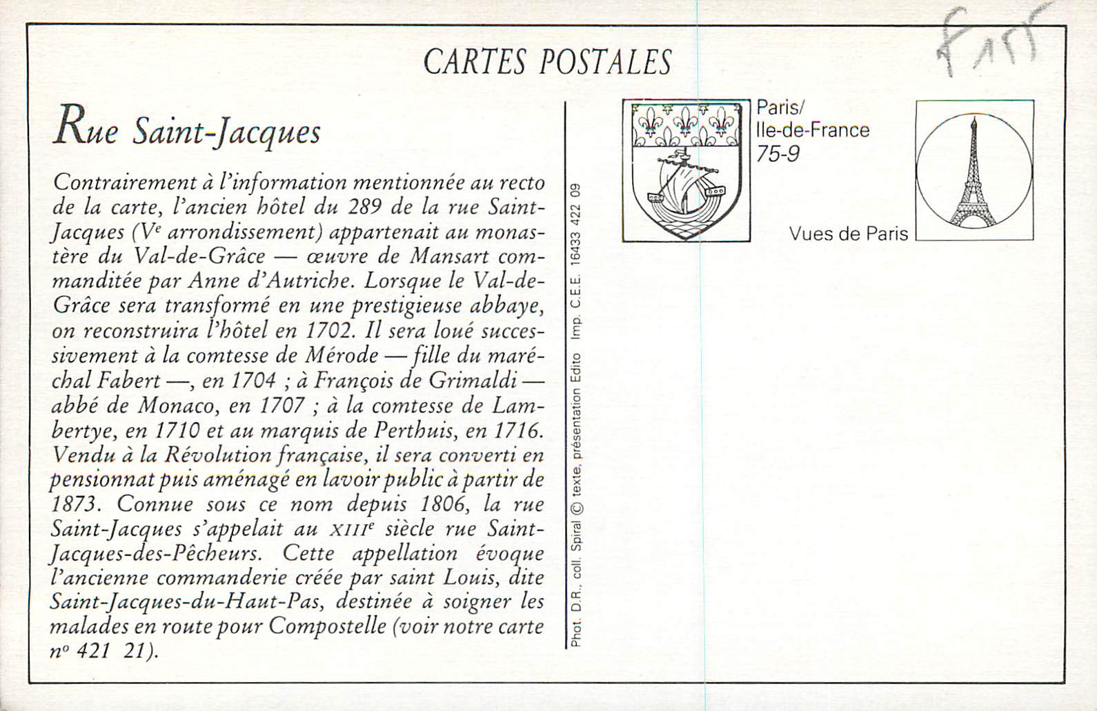 REPRO Rue Saint Jacques Entree d'un Hotel Bati pour Catherine de Medicis — Rückseite