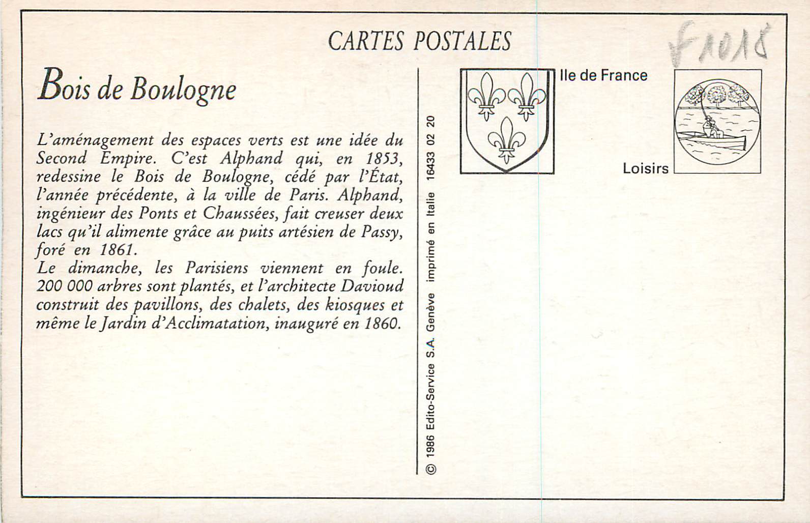 REPRO Paris Bois de Boulogne Le Dimanche autour du Grand Lac — Rückseite