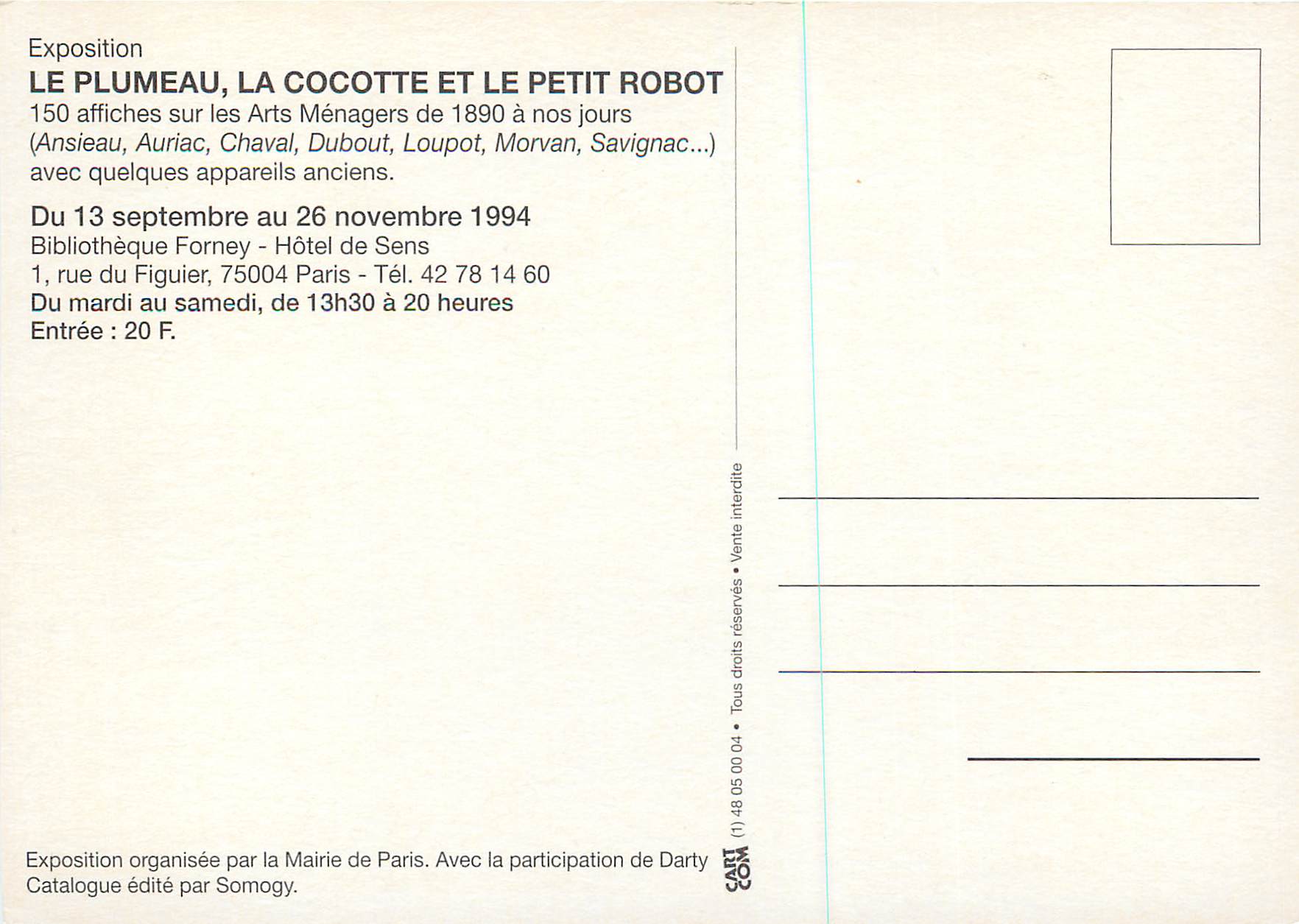 CPM Exposition Organisee par la Mairie de Paris Le Plumeau La Cocotte et le Petit Robot  — Rückseite