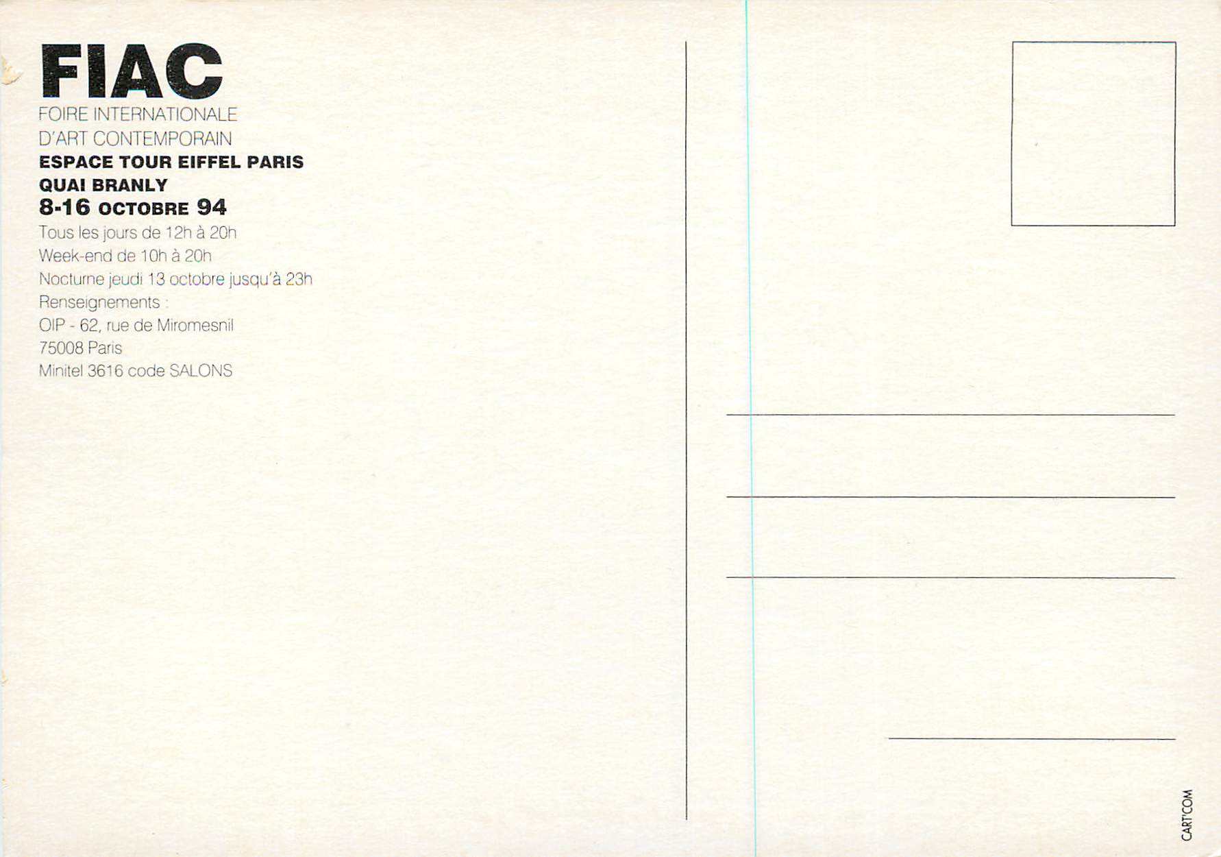Fiac 1994 — Foire internationale d'art contemporain — Espace Tour Eiffel, Quai Branly, Paris — Verso