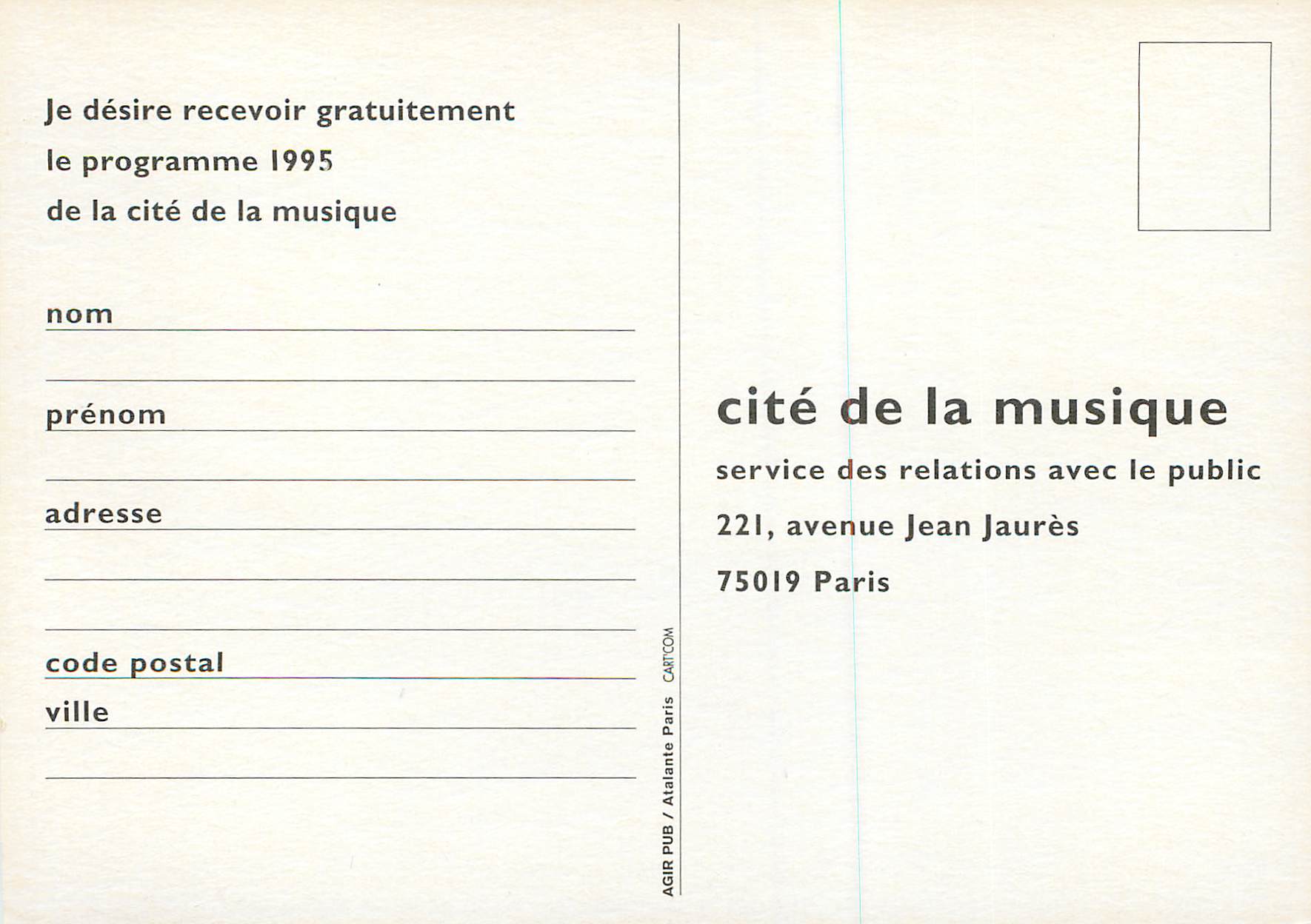 CPM Cite de la Musique Janvier 1995 Demandez le Programme Paris — Rückseite