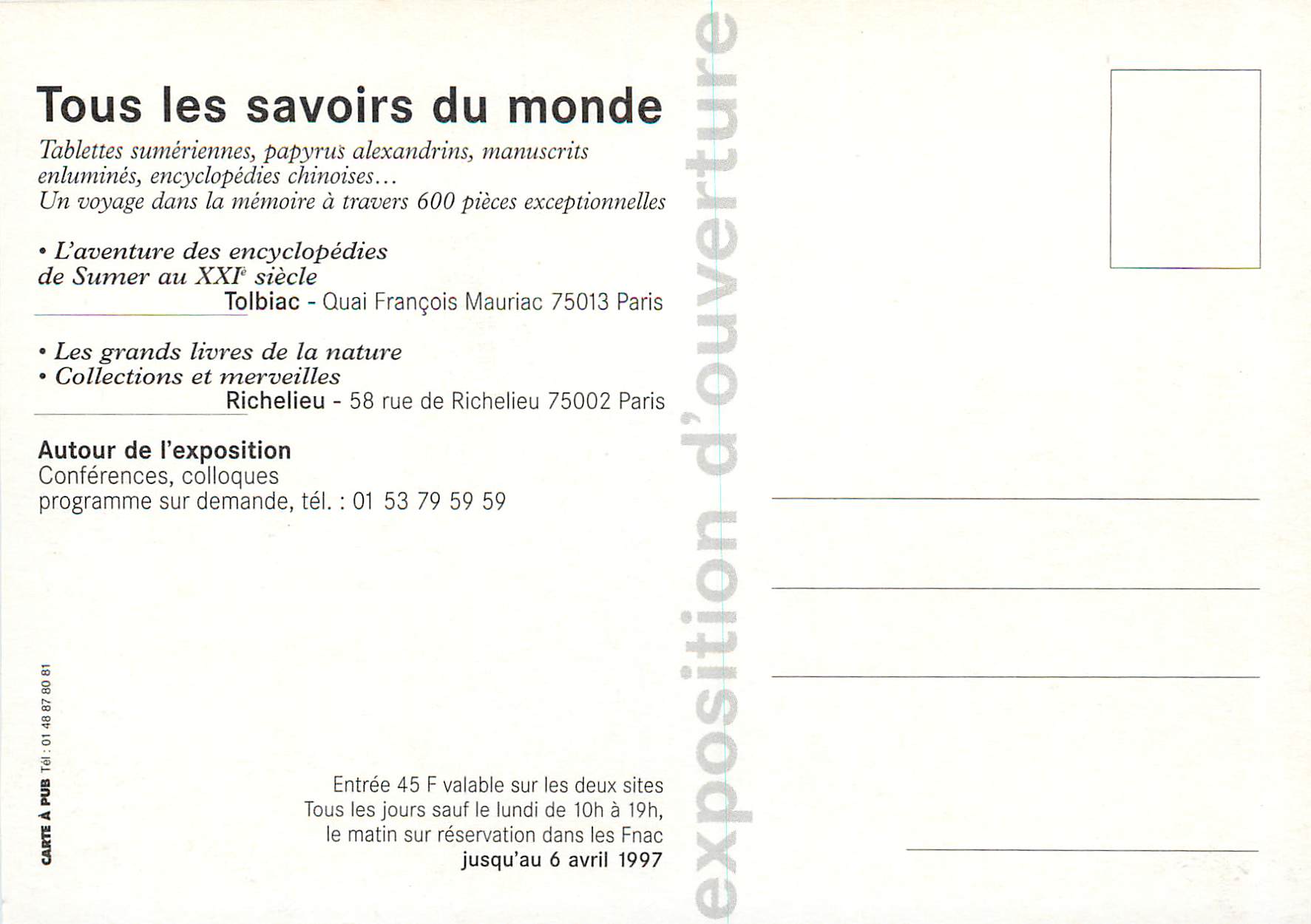CPM Exposition d'Ouverture Bibliotheque Nationale de France Tous les Savoirs du Monde FNAC — Rückseite
