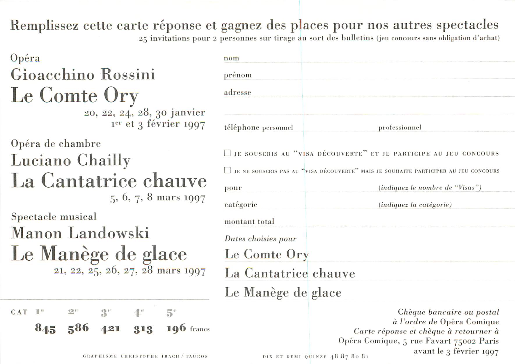 CPM Opera Comique Un Hiver a l'Opera Formule 3 Spectacles Rue Favart Paris — Rückseite