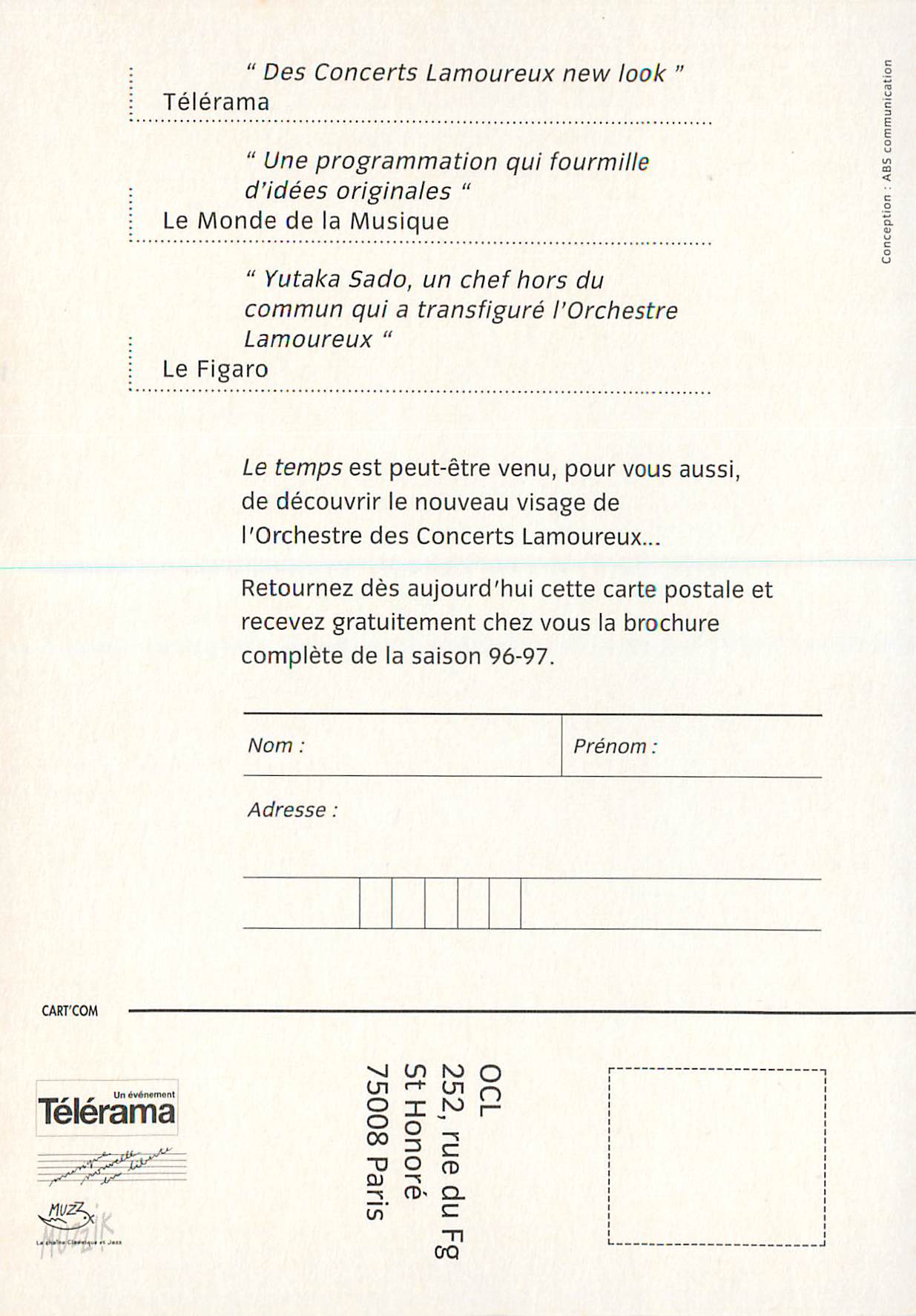CPM Orchestre des Concerts Lamoureux Saison 96 97 vous allez en Entendre de Toutes les Couleurs Yutaka Sado Salle Pleyel — Rückseite