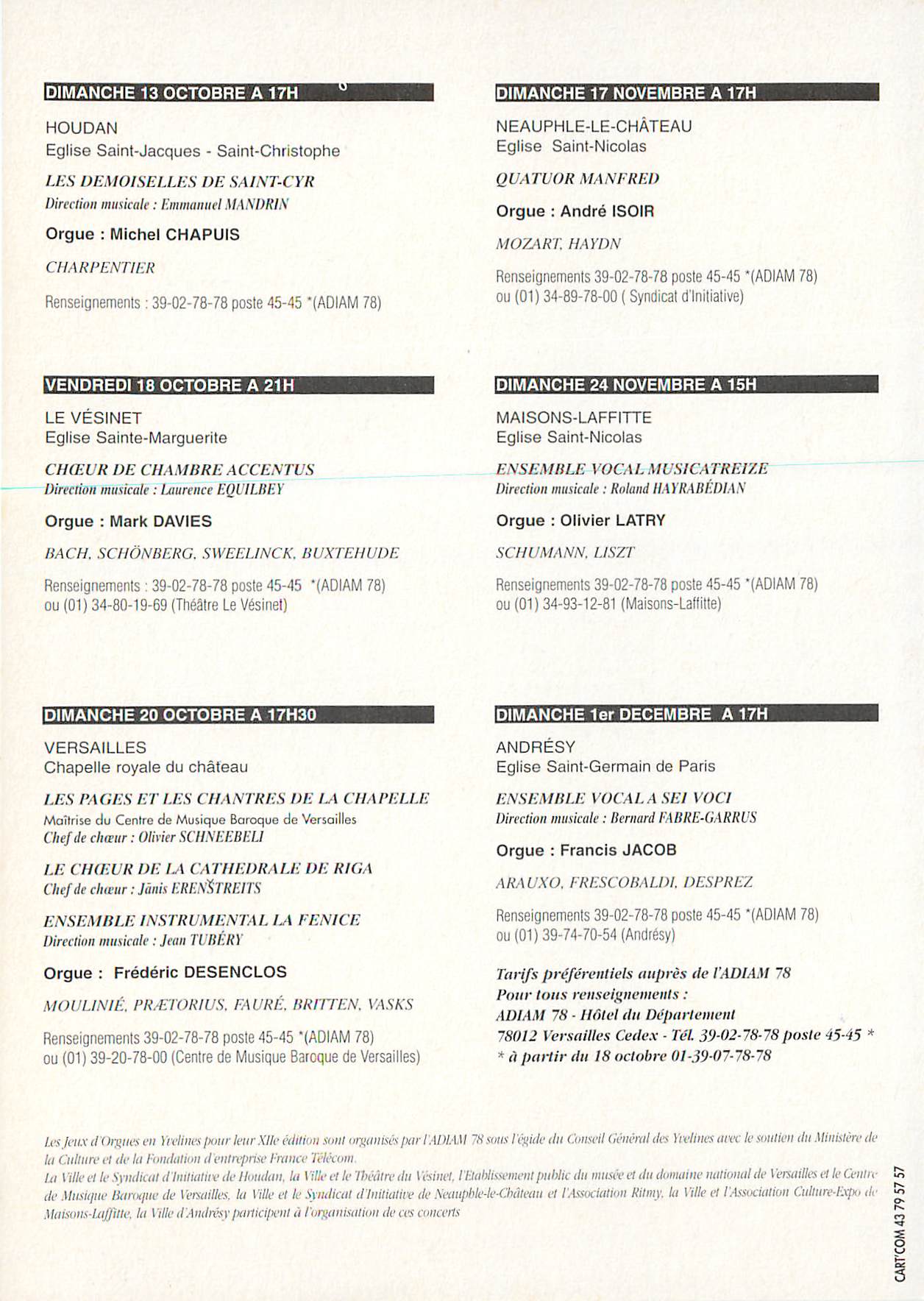 CPM Yvelines Jeux d'Orgues XIIe Edition Automne 1996 — Rückseite