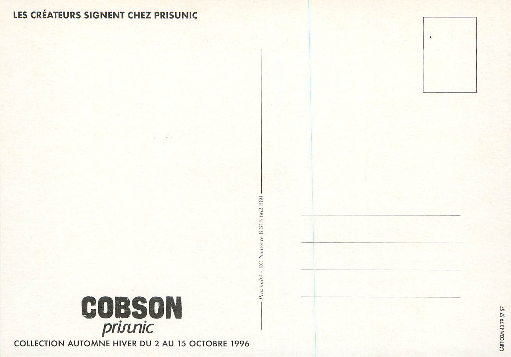 CPM Cobson se fait Encore Remarquer chez Prisunic Les Createurs Signent Chez Prisunic — Rückseite