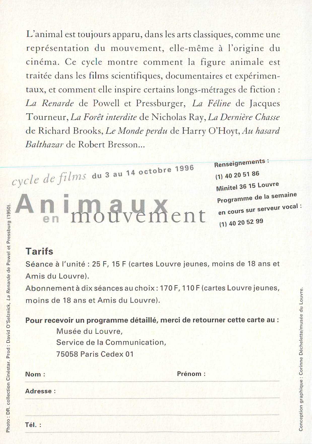 CPM Louvre Auditorium Cycle de Films du 3 au 14 Octobre 1996 Animaux en Mouvement Renard — Verso