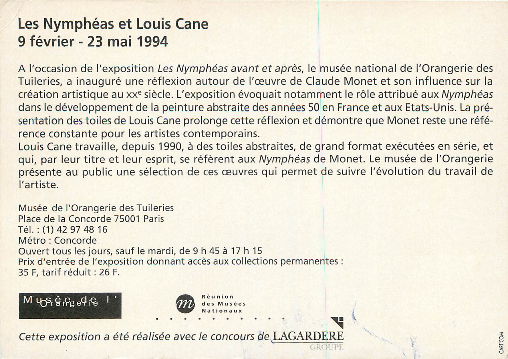 CPM Musee d'Orangerie Les Nympheas et Louis Cane 9 Fevrier 23 Mai 1994 — Rückseite