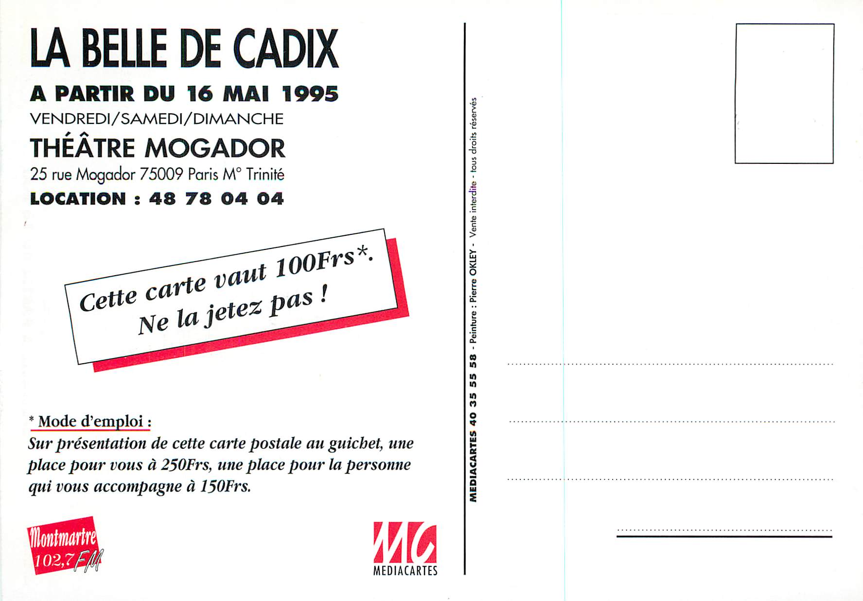 CPM Mise en Scene Corlo di Angelo La Belle Cadix Theatre Mogador Jose Todaro 50 eme Anniversaire de la Creation — Rückseite