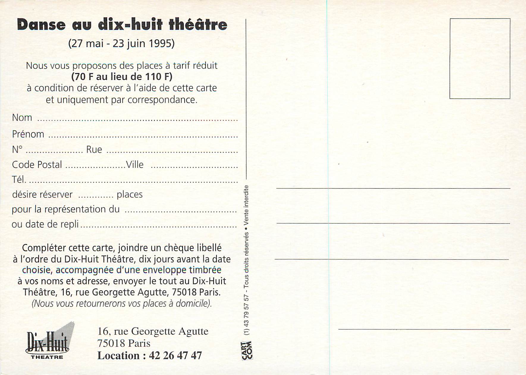 CPM Le Dix Huit Theatre Presente Danse au Dix Huit Theatre (25 Mai 23 Juin 1995) — Rückseite
