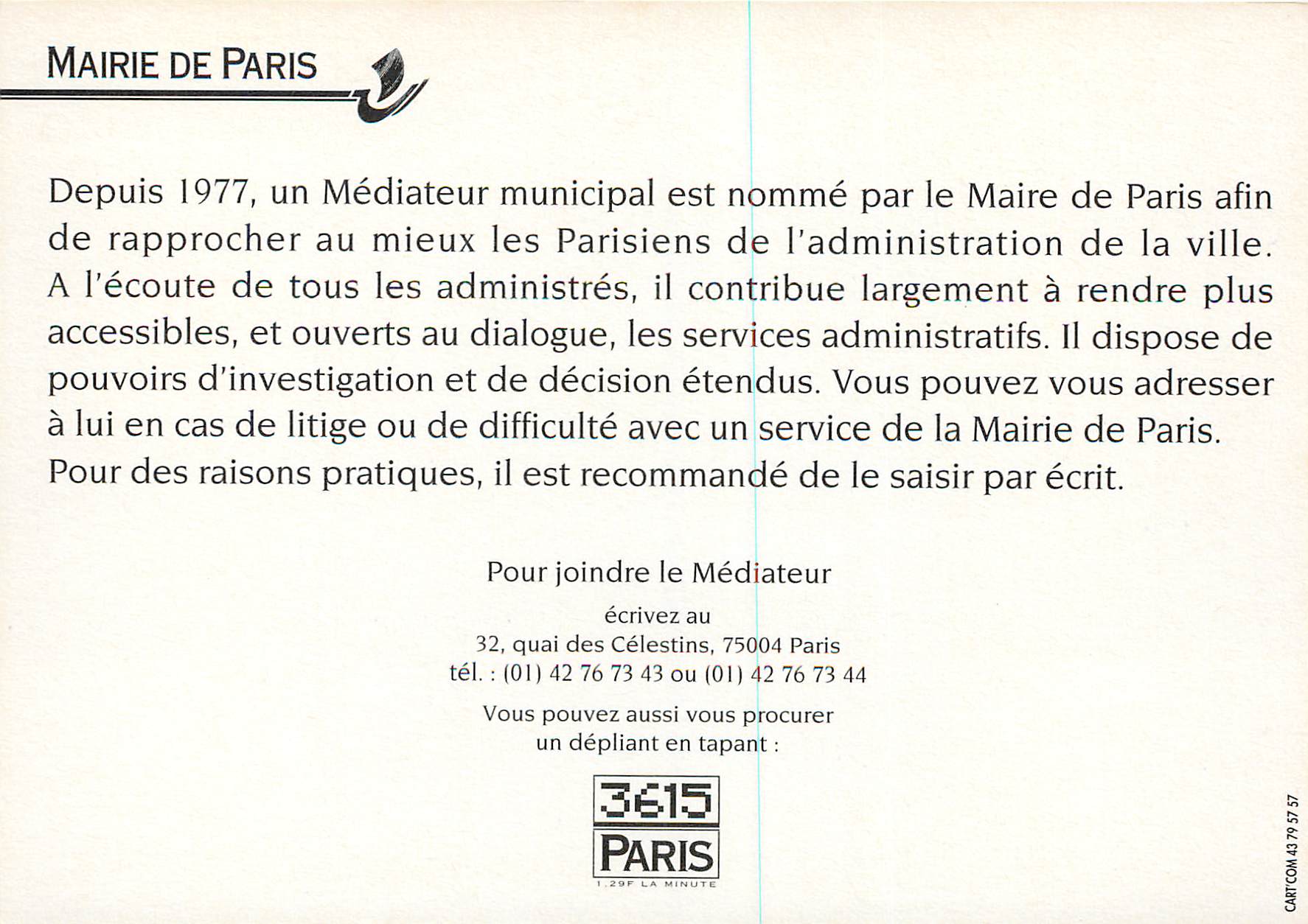 CPM Mairie de Paris Un Mediateur a l'Ecoute des Parisiens  — Back