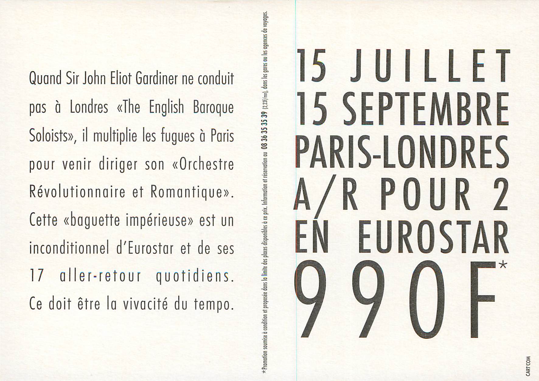 CPM London Paris d'un Seul Trait Theatre Chatelet Sir John Eliot Gardiner Eurostar Train — Verso