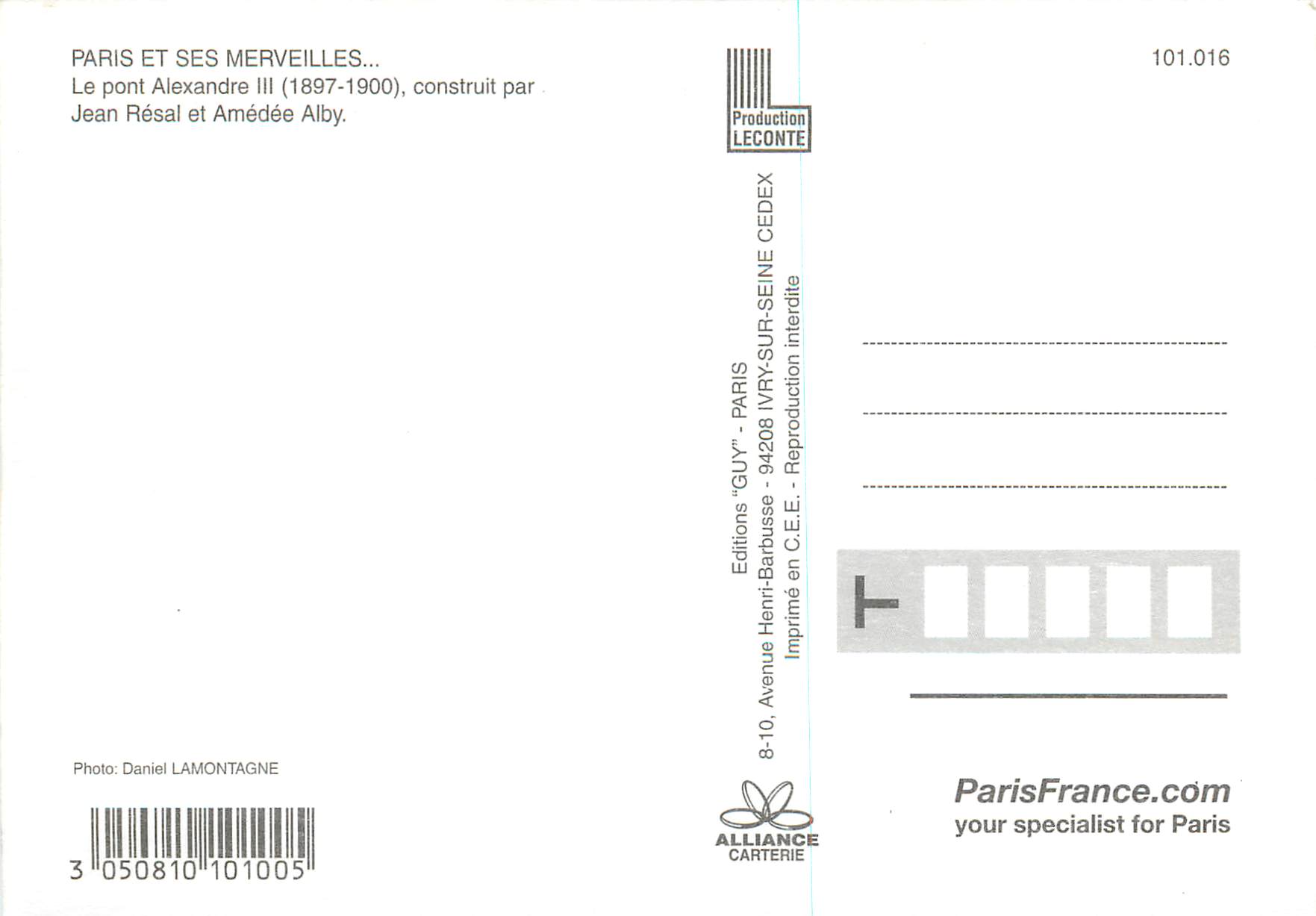CPM Le Pont Alexandre III (1897 1900) Paris et ses Merveilles Contruit par Jean Resal et Amedee Alby — Rückseite