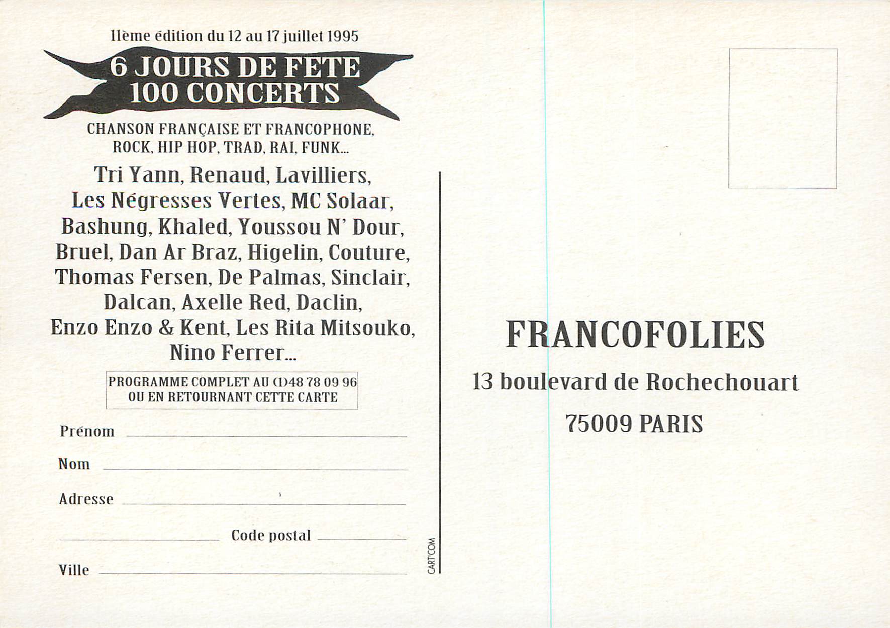 CPM Francofolies de la Rochelle avec CocaCola du 12 au 17 Juillet 1995 6 Jours de Fete 100 Concerts Coca Cola Coca-Cola — Verso