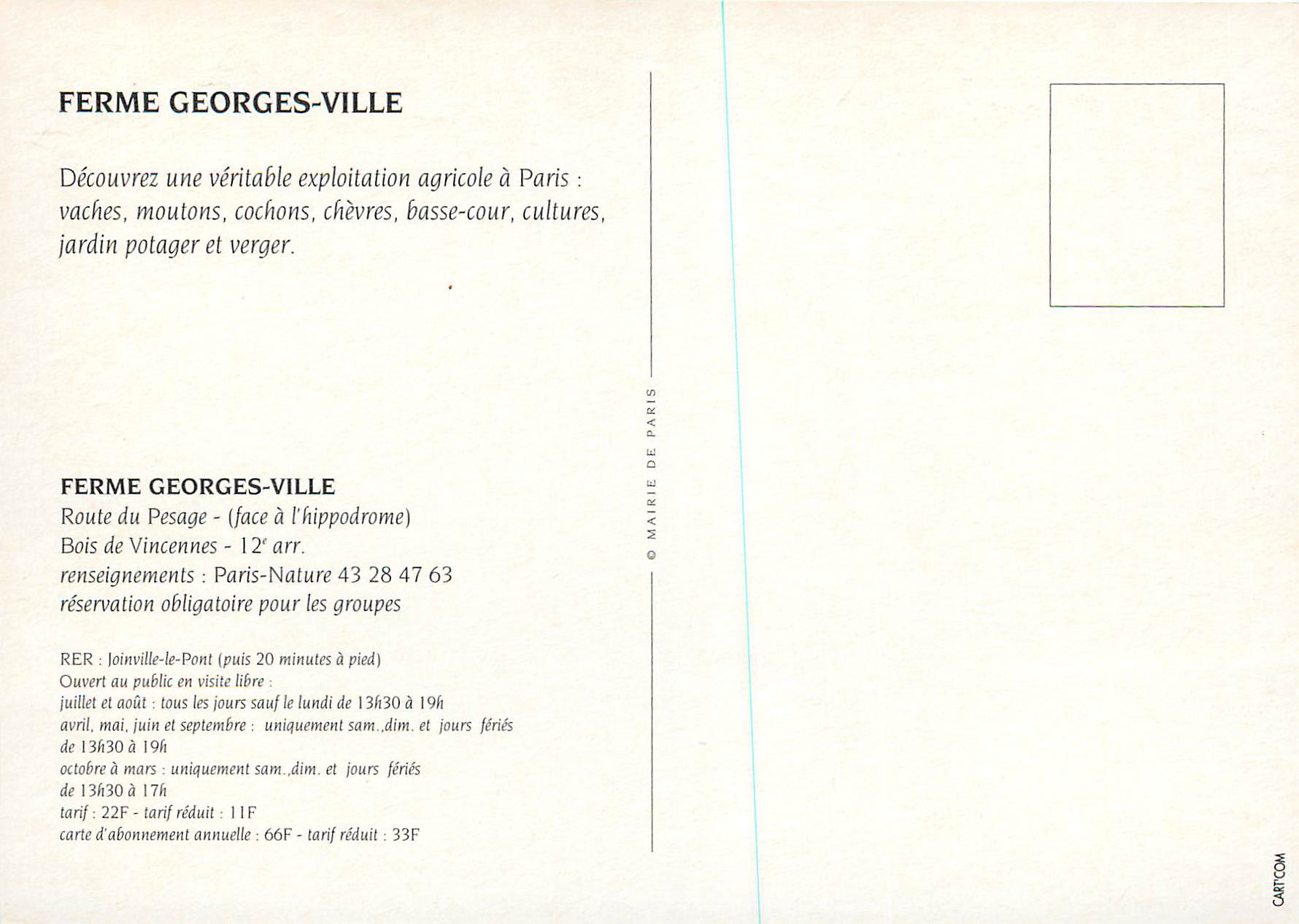 CPM Mairie de Paris Decouvrez une Vrai Ferme a Paris  Ferme Georges Ville Coq — Rückseite