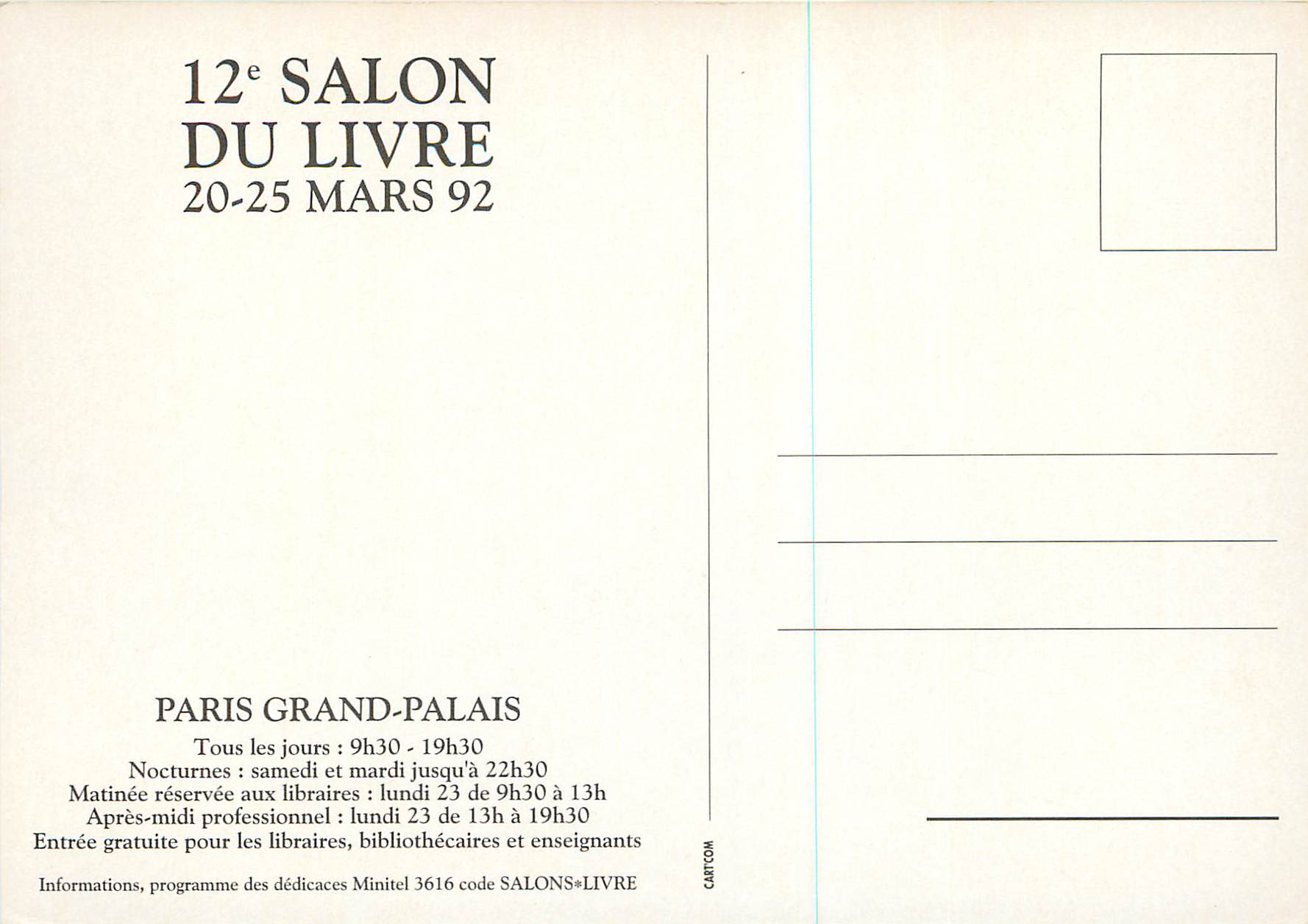 CPM Paris Grand Palais 12e Salon du Livre 20 25 Mars 92 — Back