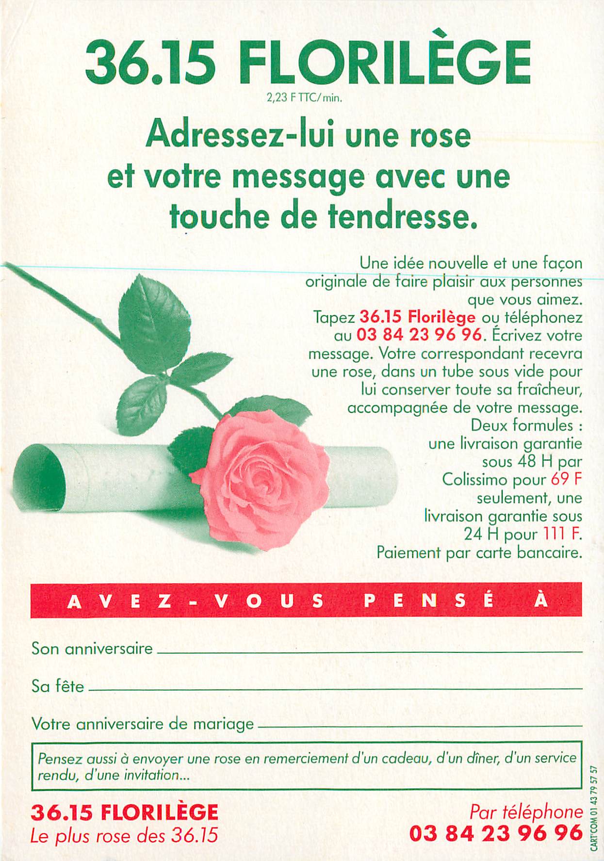 CPM Florilege Adressez lui une Rose et Votre Message avec une Touche de Tendresse — Rückseite