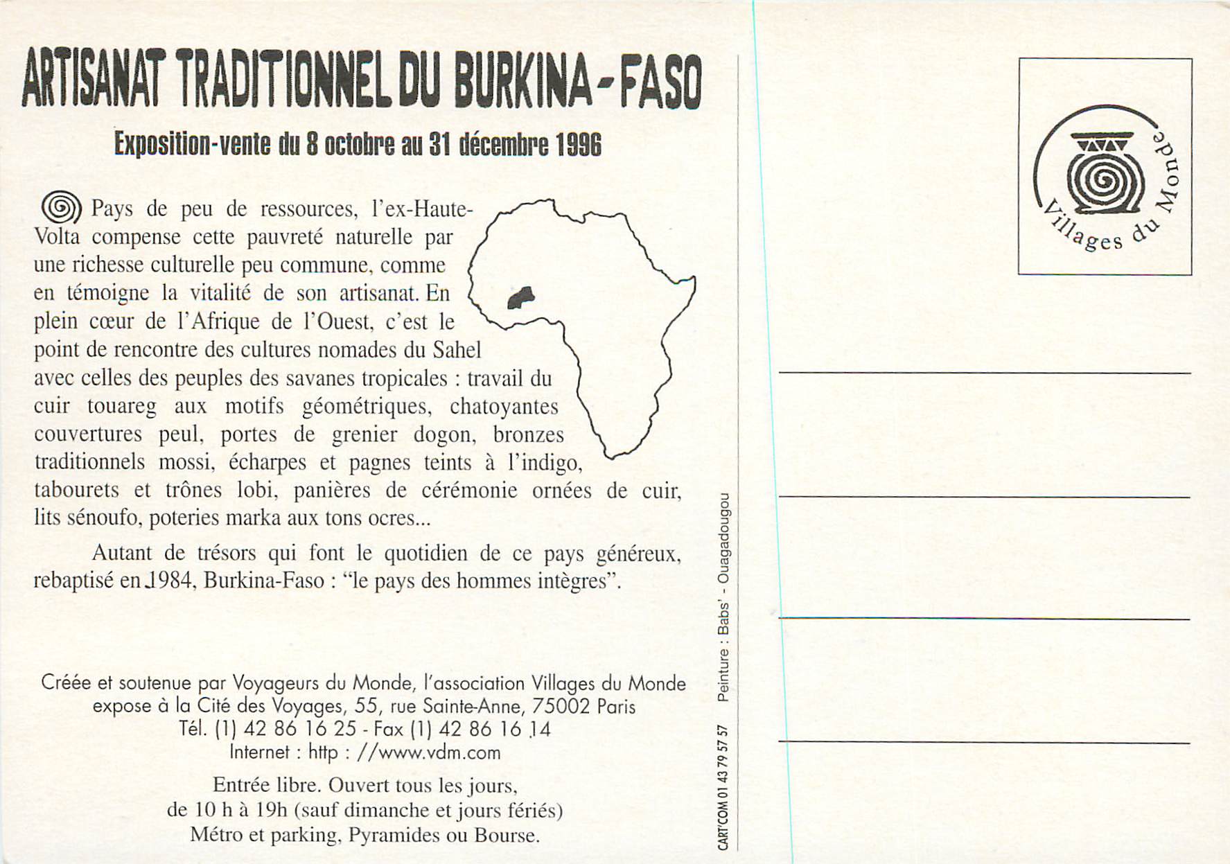CPM Exposition Vente 8 Octobre 31 Decembre 1996 Artisanat du Burkina Faso — Verso