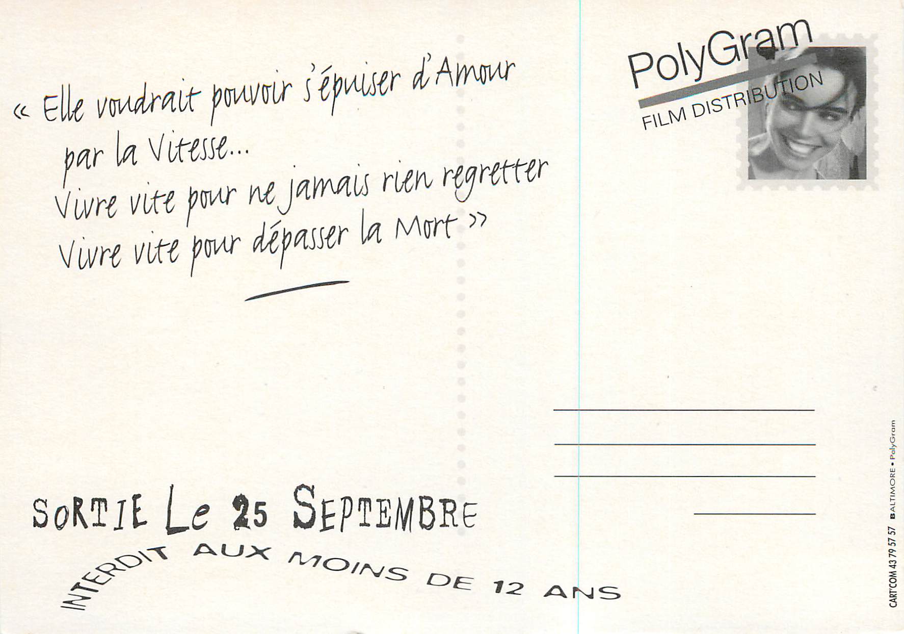 CPM A Toute Vitesse un Film de Gael Morel Elodie Bouchez Stephane Rideau Pascal Cervo Meziane Bardadi — Verso