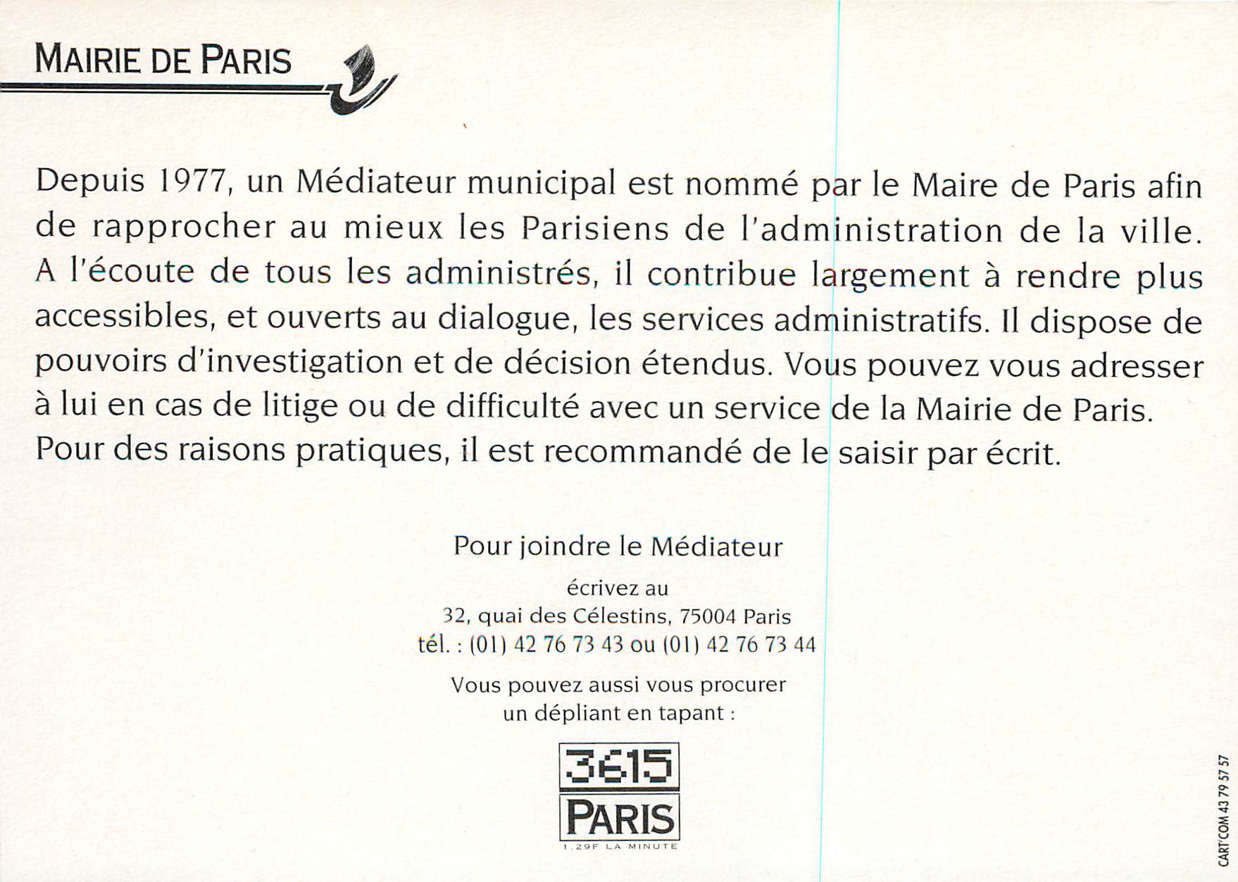 Mairie de Paris — Un Médiateur à l'écoute des Parisiens — Mairie de Paris — Verso