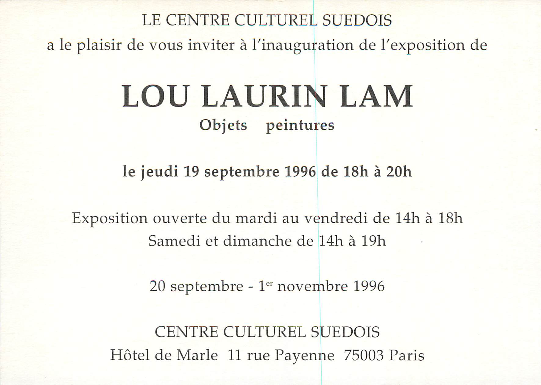 CPM Le Centre Culturel Suedois a la Plaisir de Vous Inviter a l'Inauguration de l'Exposition Lou Laurin Lam Objet Peintu — Rückseite