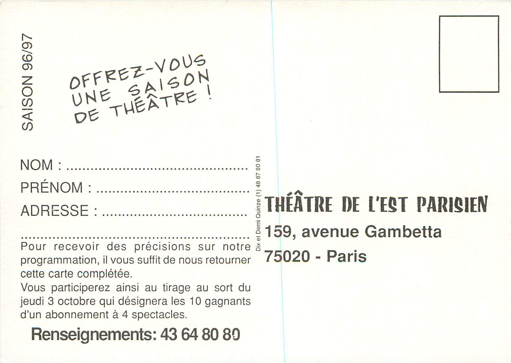 CPM Theatre de l'Est Parisien Avenue Gambetta Paris — Rückseite