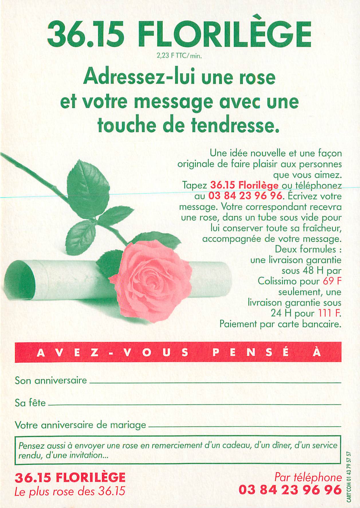 CPM Florilege Adressez Lui une Rose et Votre Message avec une Touche de Tendresse — Rückseite