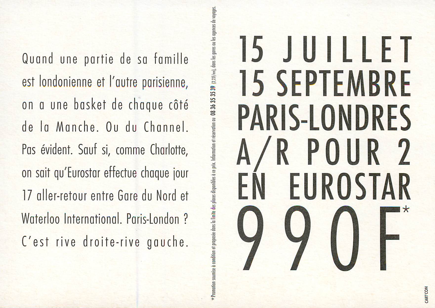 CPM 15 Juillet 15 Septembre Paris Londres A R pour 2 en Eurostar 990F Train — Rückseite