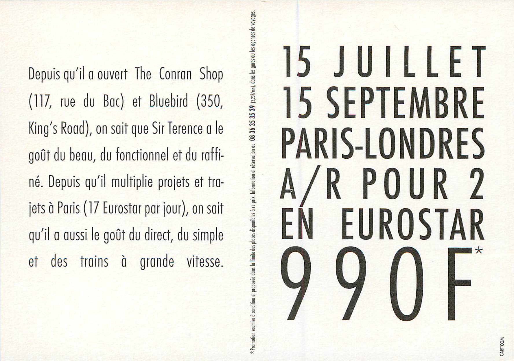 CPM 15 Juillet 15 Septembre Paris Londres A R pour 2 en Eurostar 990F Train — Rückseite