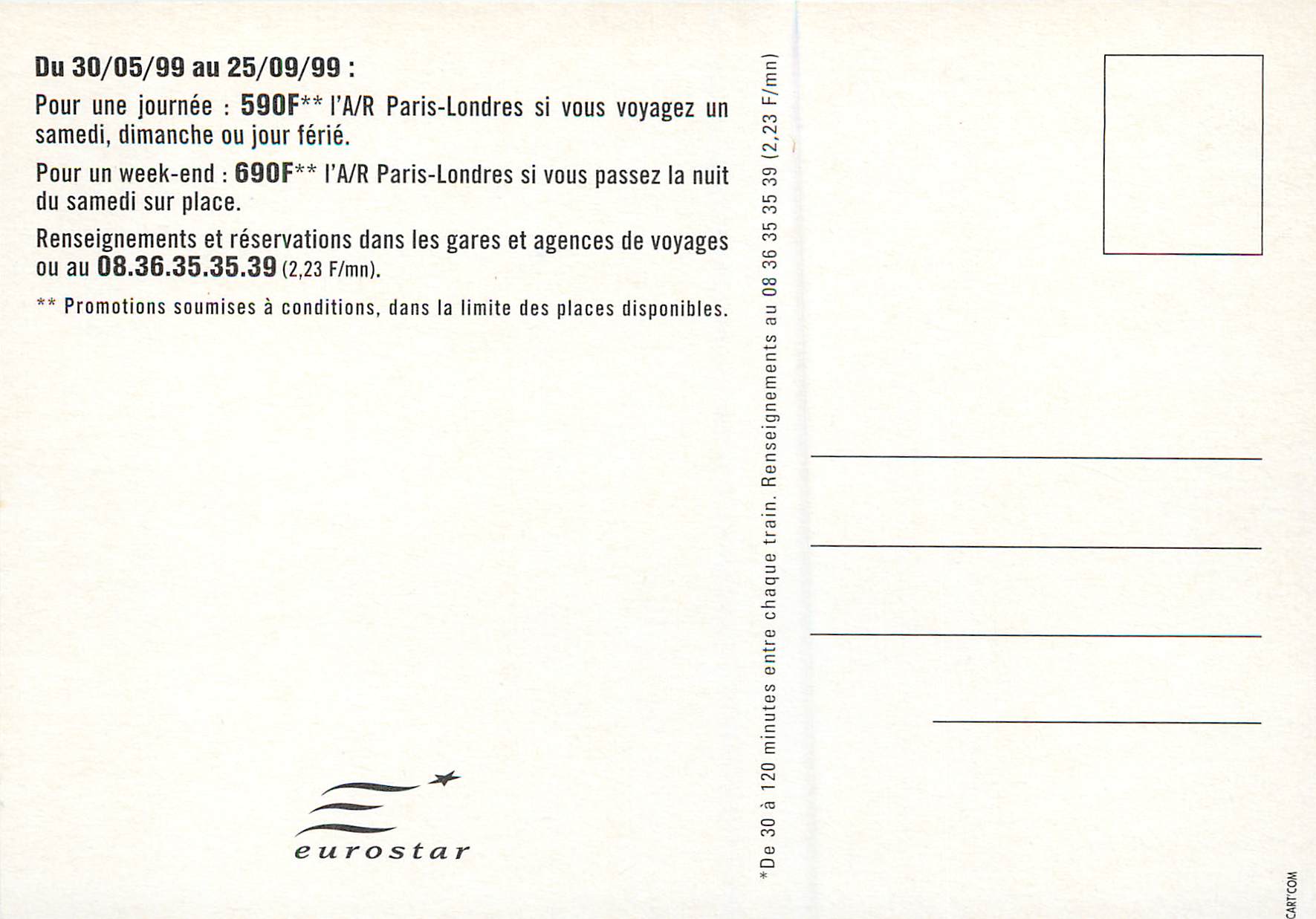 CPM Eurostar un Train toutes les Heures London Londres  — Back