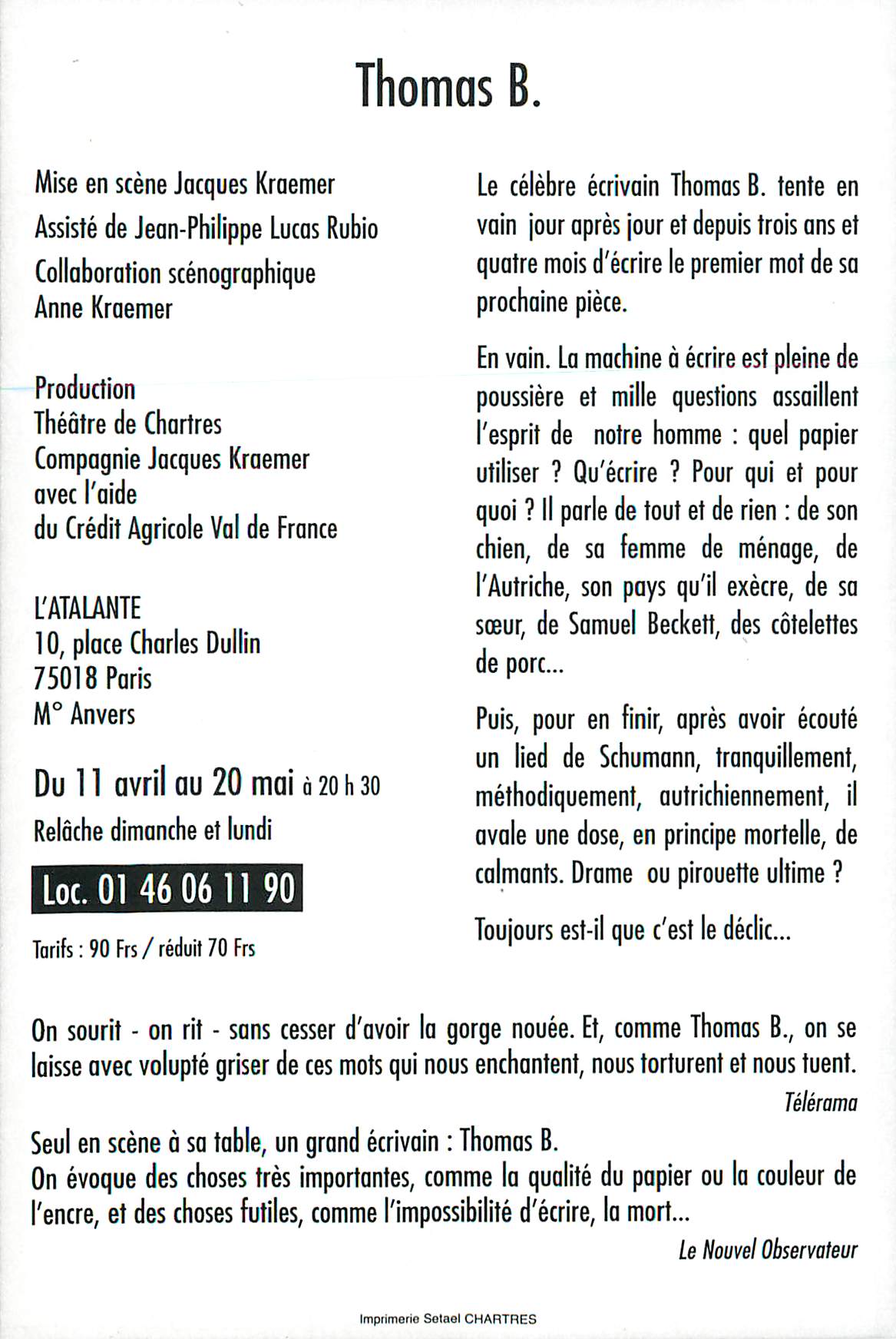 Thomas B. — pièce de Jacques Kraemer — Théâtre L'Atalante, Paris — Verso