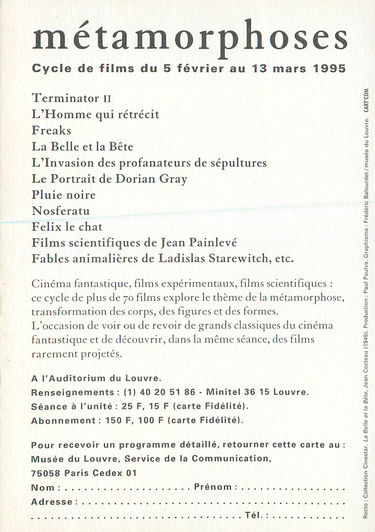 CPM Metamorphoses Cycle de Films Louvre auditoriul La belle et la Bete Cocteau — Rückseite