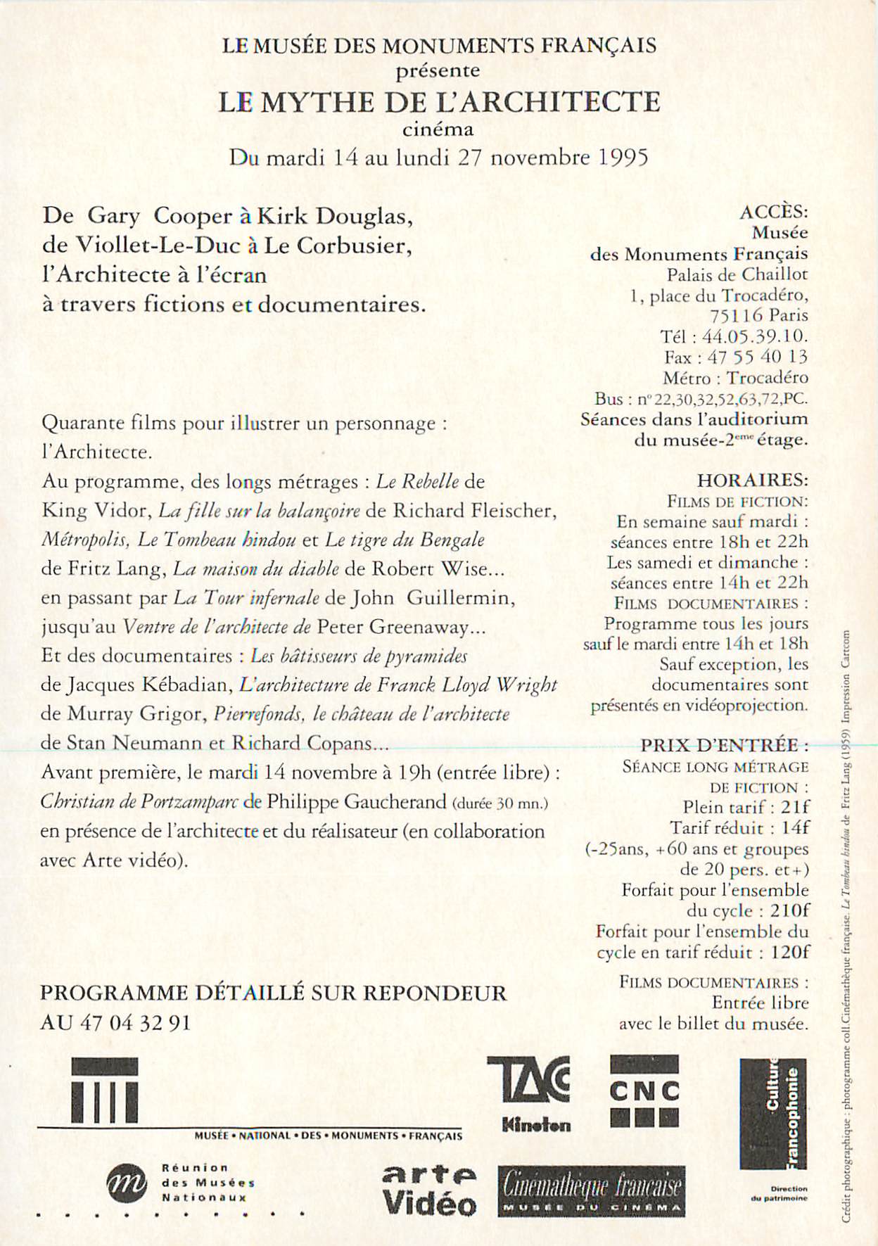 CPM le Musee des Monuments Francais Presente le Mythe de l'Architecte Cinema — Rückseite