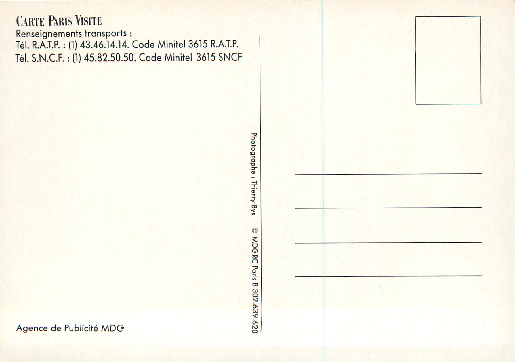CPM Carte Paris Visite Paris SNCF RATP  — Rückseite