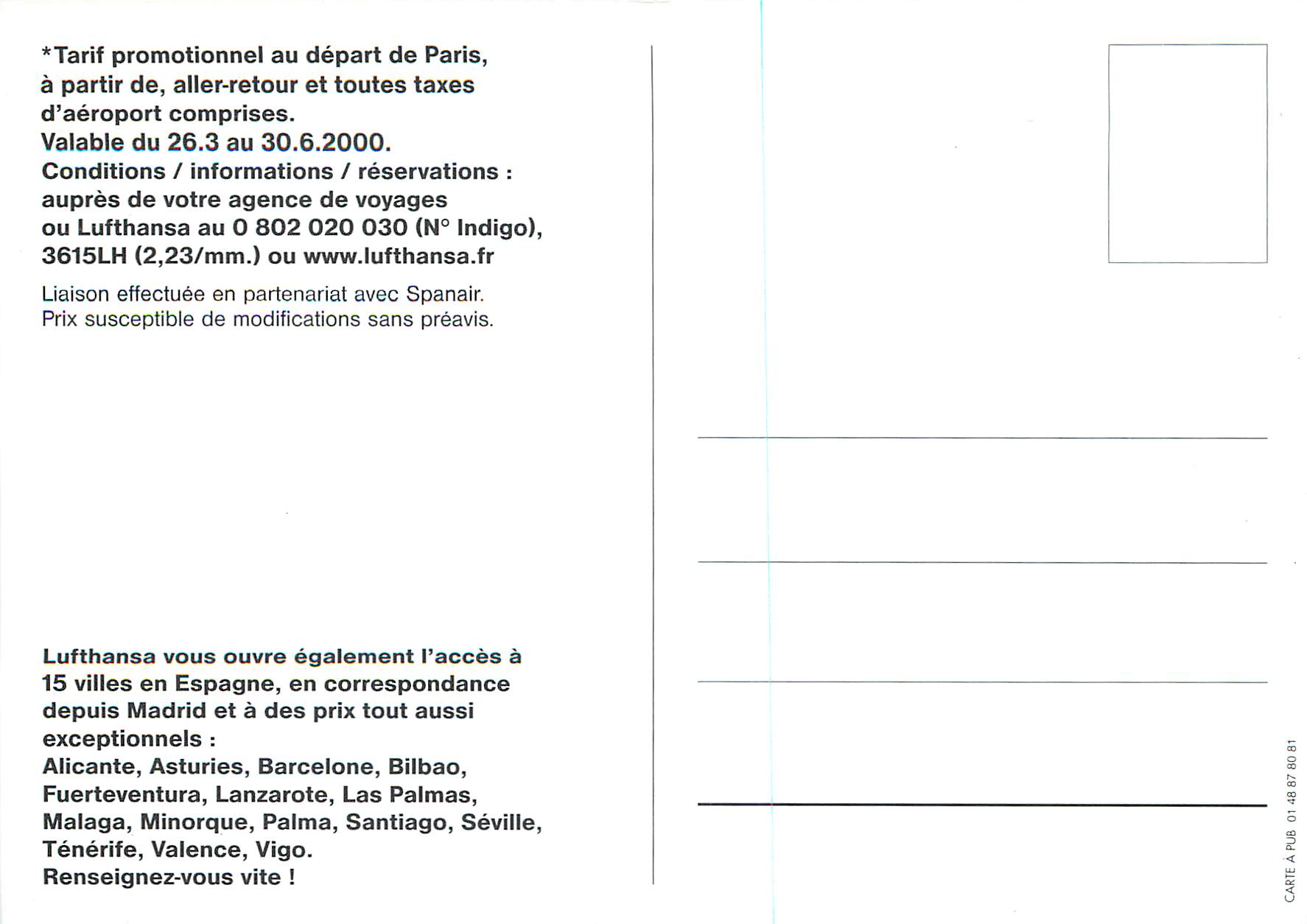CPM Lufthansa Paris Madrid c'est Nouveau c'est Direct c'est 3 Fois par Jour — Rückseite