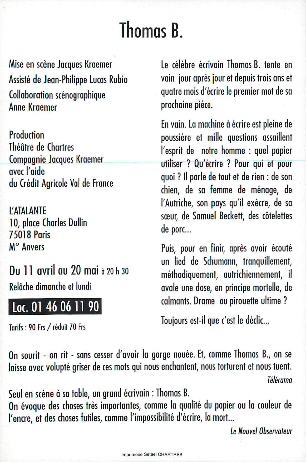 CPM Thomas B une Piece qui Evoque de Facon Ludique et Libre la Vie et l'Oeuvre de l'Ecrivain Autrichien Thomas B — Rückseite