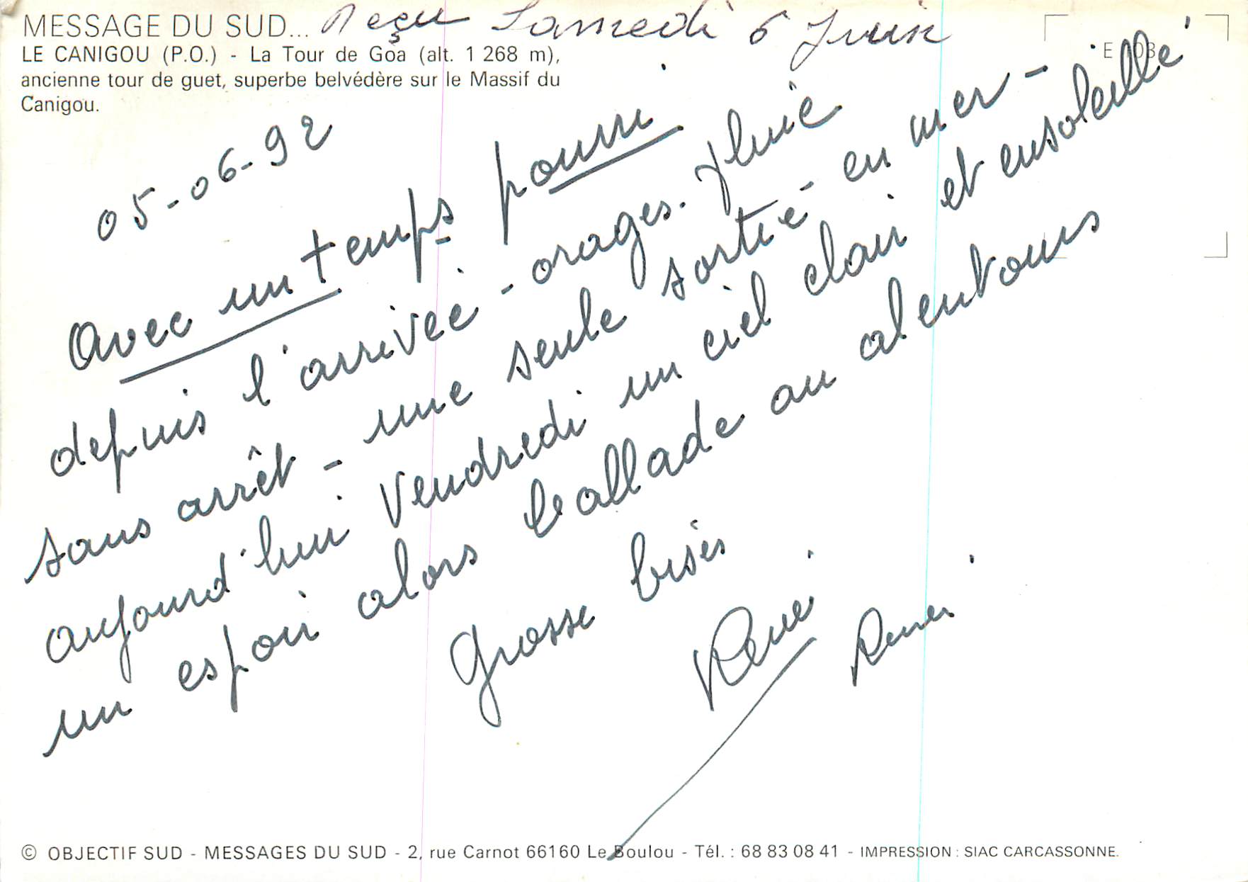CPM le Canigou (P O) la Tour de Goa (Alt 1268m) Message du Sud — Rückseite