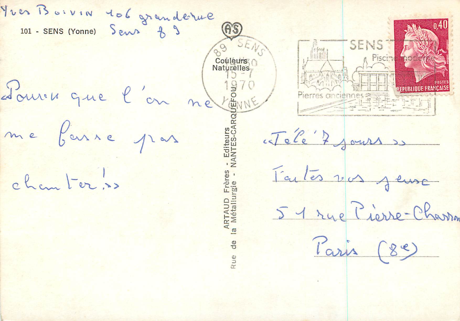 Sens — Vue générale et Cathédrale St-Étienne — Éditeur Couleurs Naturelles — Verso
